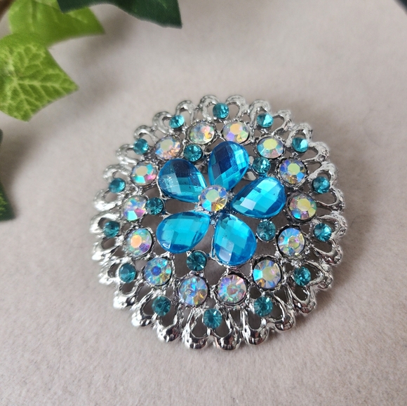 Silver AB and Turquoise Crystal Flower Brooch Pin - Picture 1 of 6